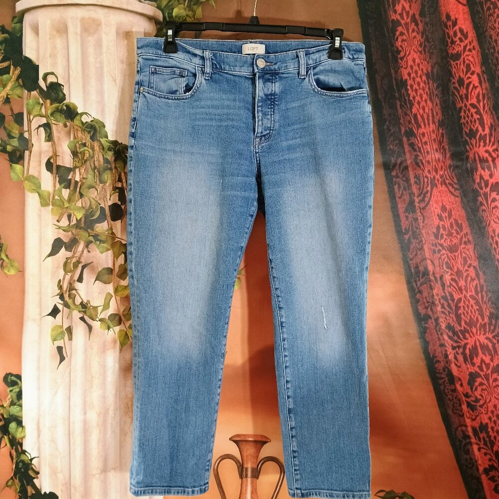 EUC Ann Taylor LOFT Outlet Sz 12 Blue Denim Mid Rise Crop Jeans Stretch